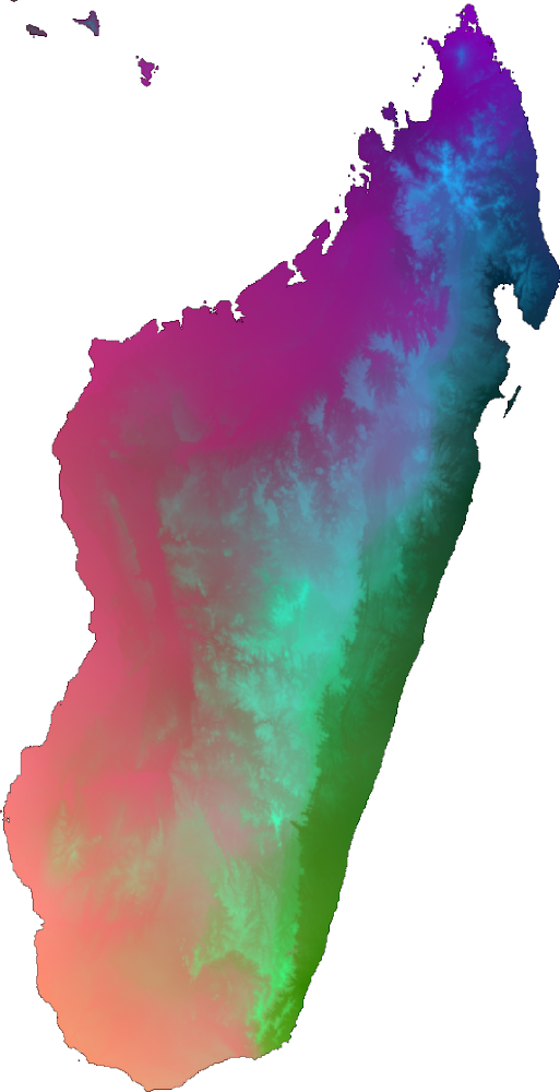 Carte de biodiversité \(\beta\) pour Madagascar. Les couleurs indiquent les changements d’assemblage d’espèces spatialement: les sites aux couleurs proches présentent des assemblages d’espèces proches. Deux gradients sont largements visibles sur cette carte: un gradient est-ouest lié à la topographie (chaîne de montagne nord-sud) et aux précipitations ainsi qu’un un gradient nord-sud associé à la latitude et à la saisonnalité.